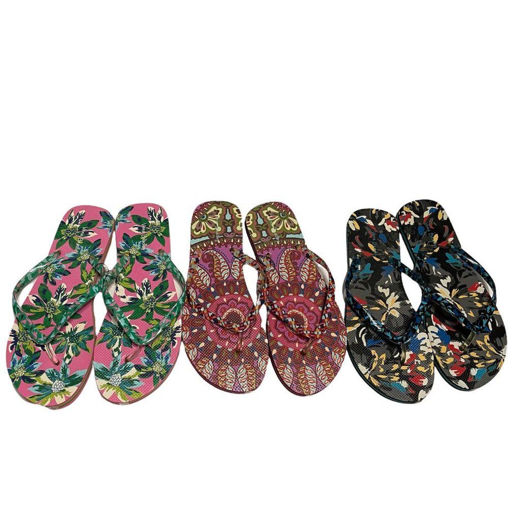 3- Vera Bradley  Floral Paisley Flip Flops Women’s Size L  9/10 2- New 1-euc
